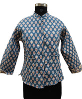 Quilted Reversible Hand Block Printed Boho Floral Jacket – Indian Vintage Handmade Full Sleeve Coat, Blue